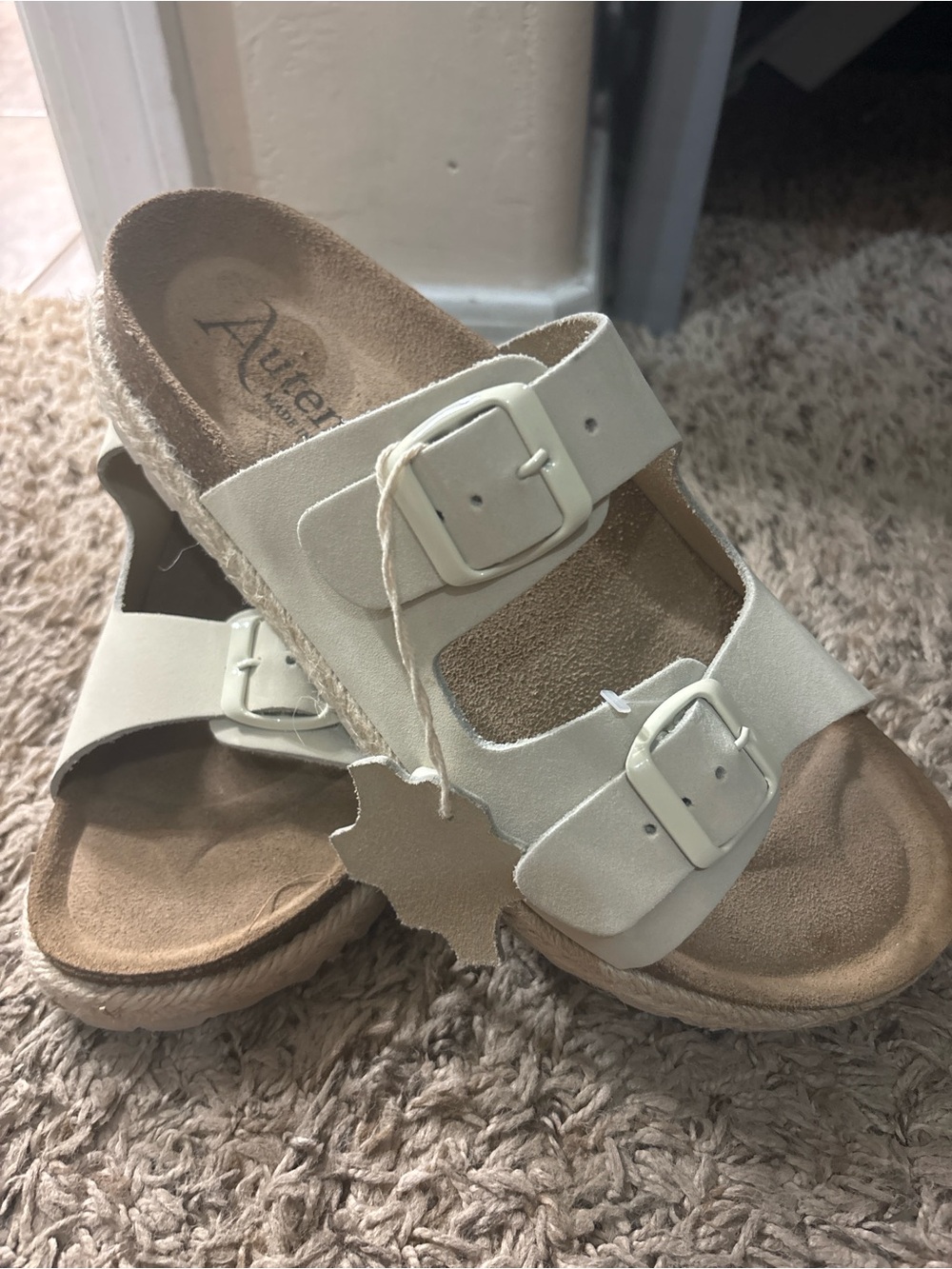 Women’s Double-Buckle Slide Sandals in Cream made in Spain